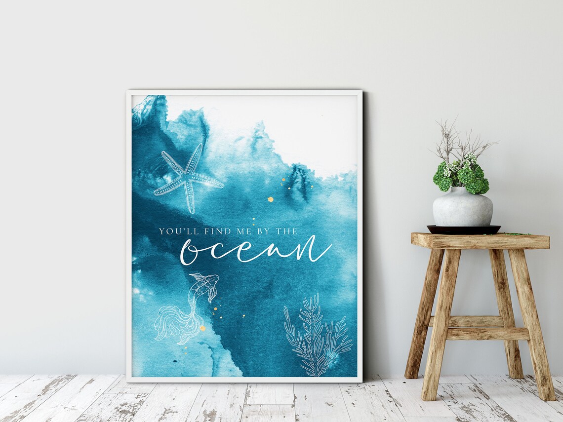 You'll Find Me By The Ocean Teal Watercolor Coastal Quote Wall Print