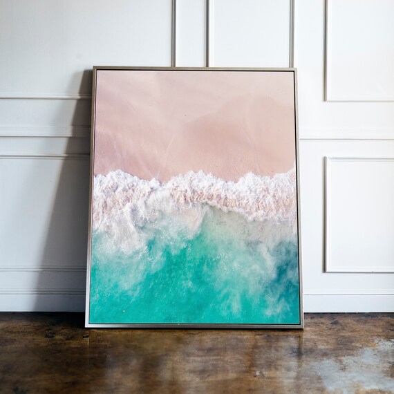 Pink Sand Beach Aerial Turquoise Waves Ocean Photography Wall Poster