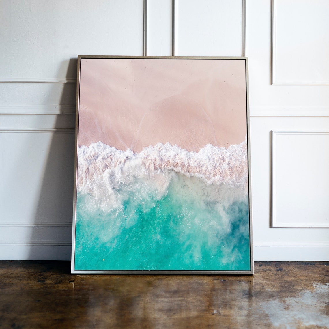 Pink Sand Beach Aerial Turquoise Waves Ocean Photography Wall Poster