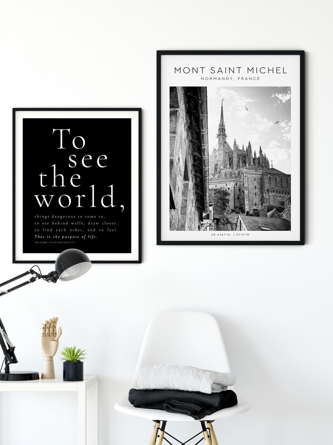 Mont Saint Michel Normandy Abbey Spire Black And White Coordinates Poster - Image 3