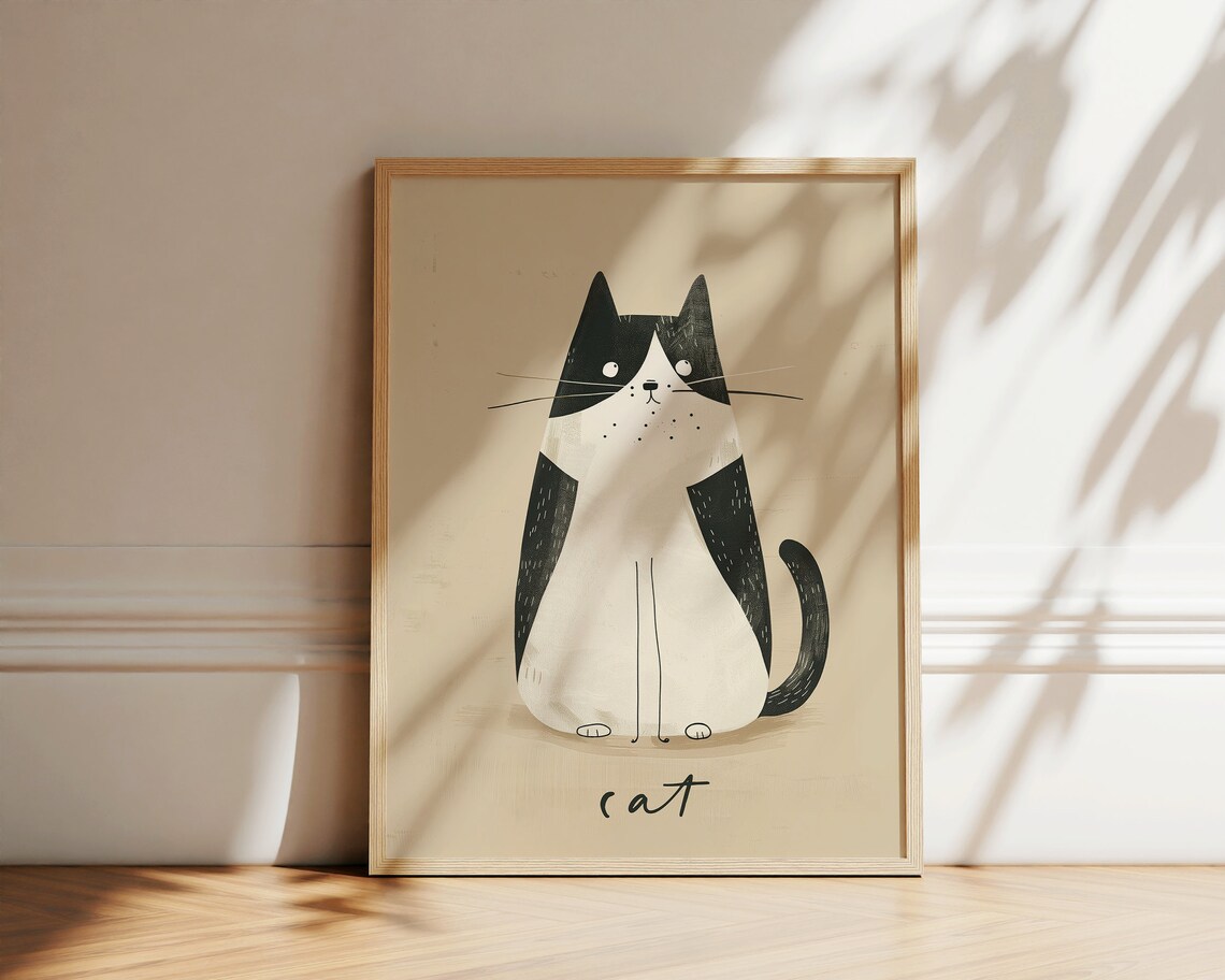 Black White Cat Nursery Print Cute Kitten Illustration Kids Room Decor Art