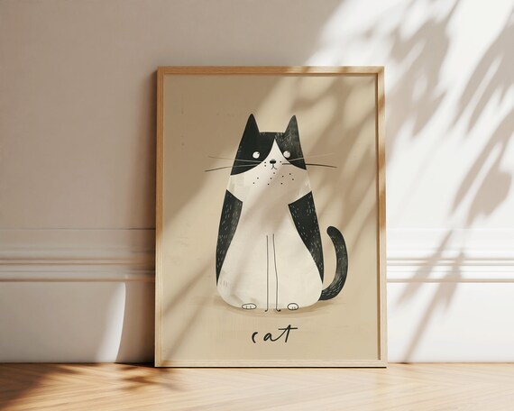 Black White Cat Nursery Print Cute Kitten Illustration Kids Room Decor Art