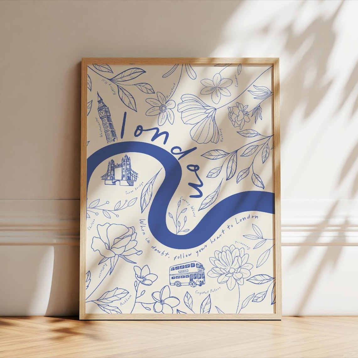 London Travel Map Poster, Retro Floral Minimalist
