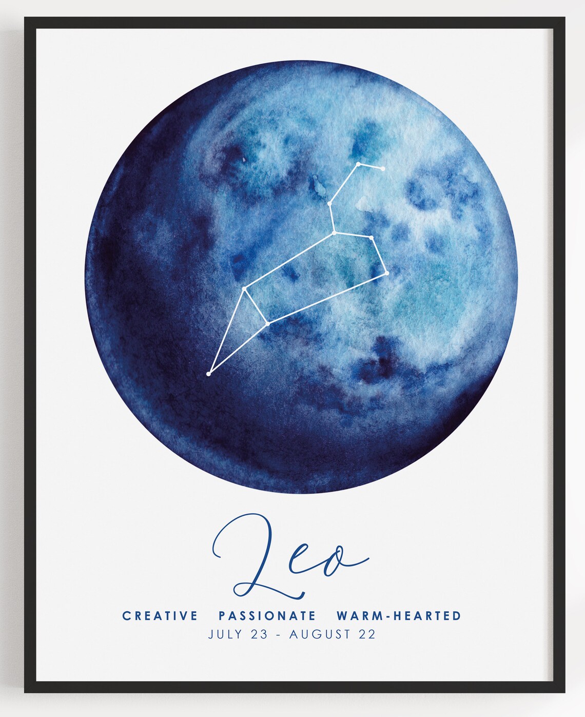 Leo Zodiac Constellation Traits Moon Blue Watercolor Star Sign Poster - Image 3