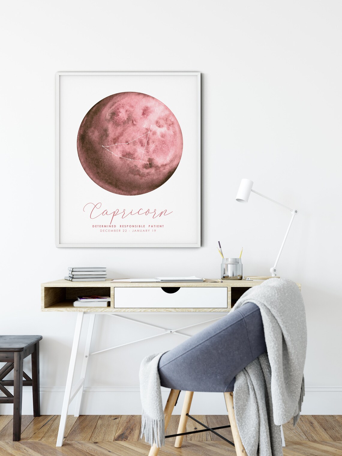 Capricorn Zodiac Constellation Pink Moon Watercolor Horoscope Poster - Image 5