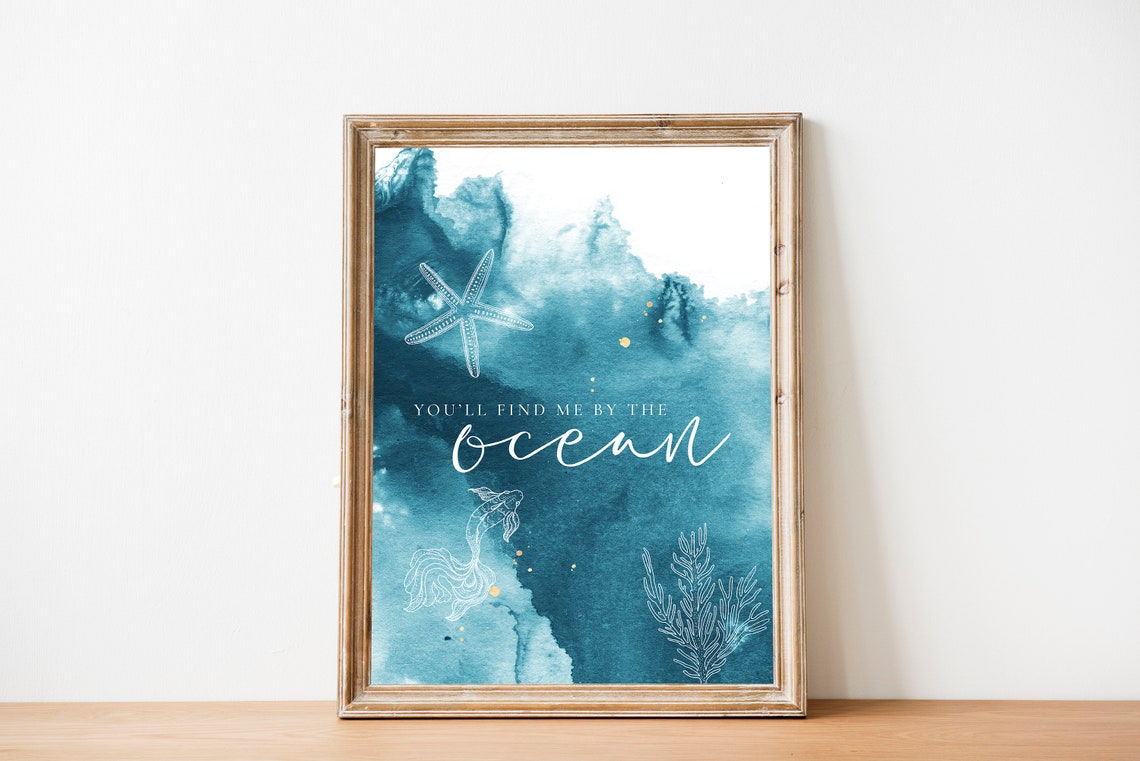 You'll Find Me By The Ocean Teal Watercolor Coastal Quote Wall Print - Image 4