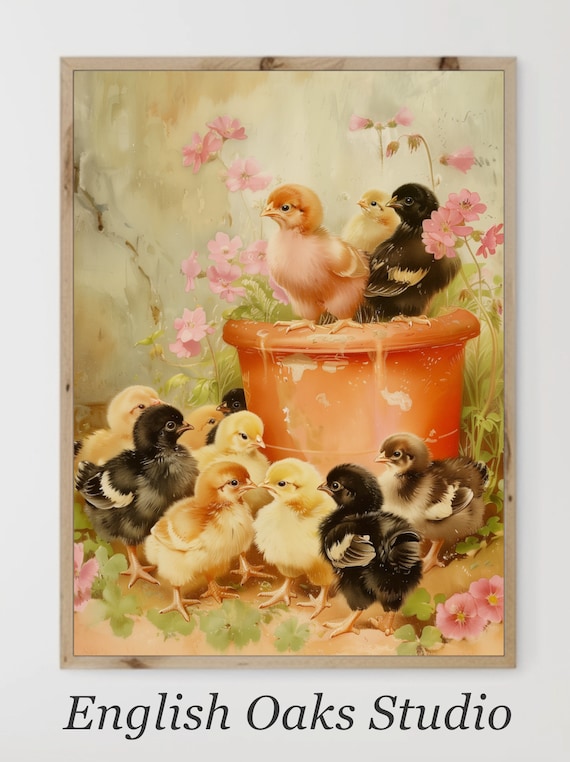 Baby Chicks Terracotta Pot Pink Flowers Cute Farm Chicks Painting Poster