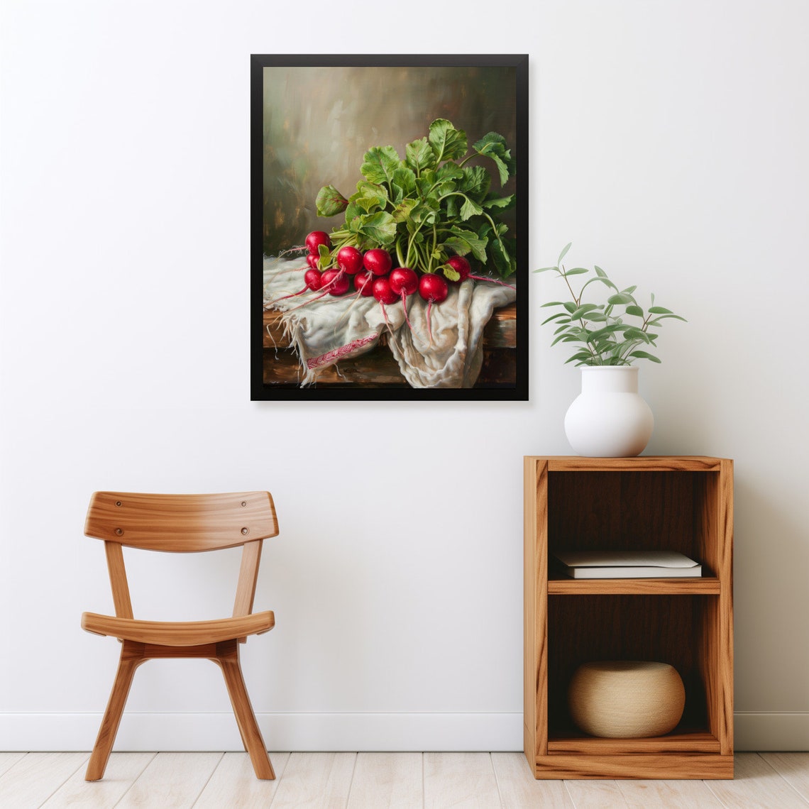 Red Radishes Leafy Greens White Cloth Rustic Kitchen Still Life Poster - Image 2