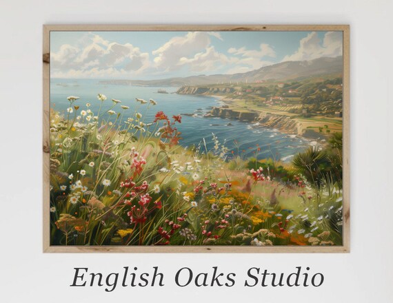 Coastal Wildflower Field Above Blue Ocean Cliffs Summer Poster