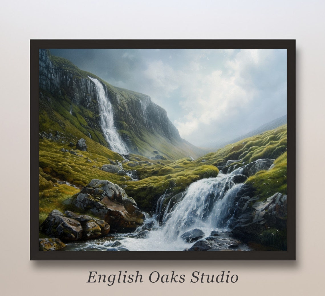 Moody Summer Waterfall Landscape Painting Mountain Waterfall Print