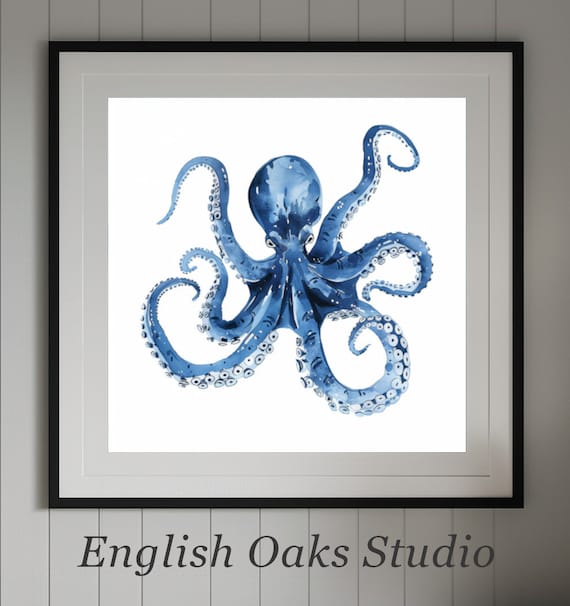Beach Decor Ocean Blue Octopus Painting Coastal Nautical Octopus Decor Print