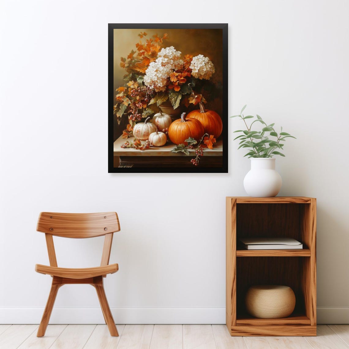 Orange And White Pumpkins With Hydrangeas Fall Still Life Poster - Image 2