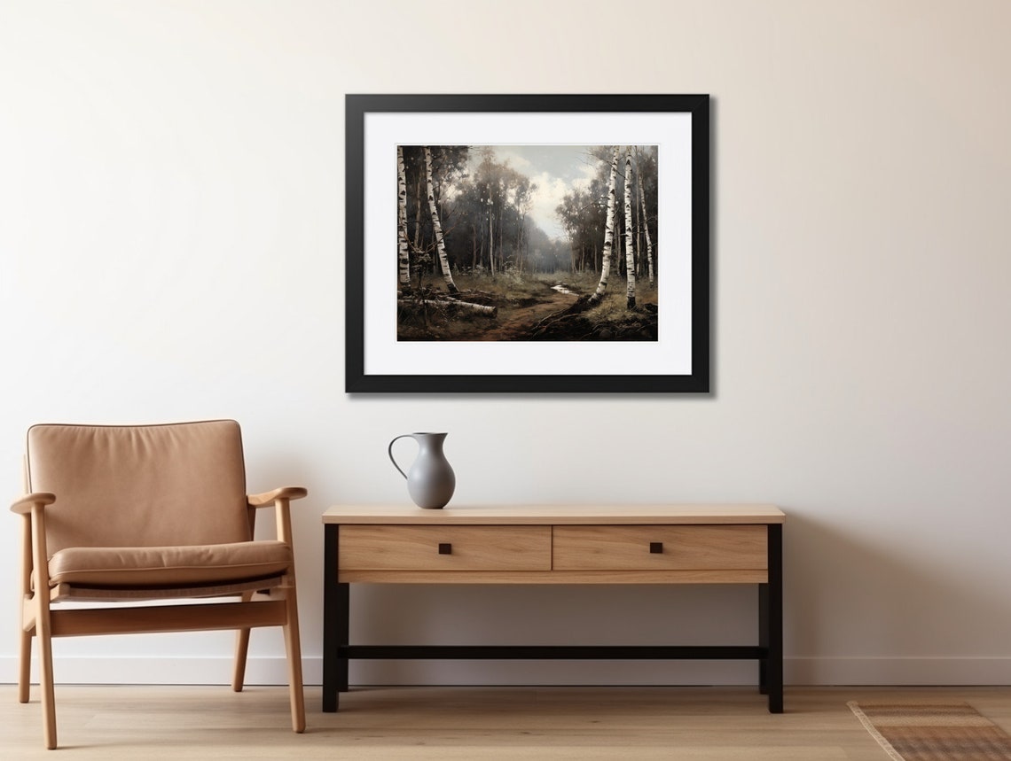 Fall Moody Rustic Birch Trees Landscape Painting Vintage Neutral Autumn Forest Print - Image 2