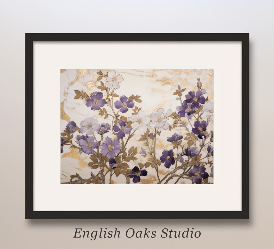 Purple Wildflowers on Gold Marble Elegant Floral Oil Painting Poster