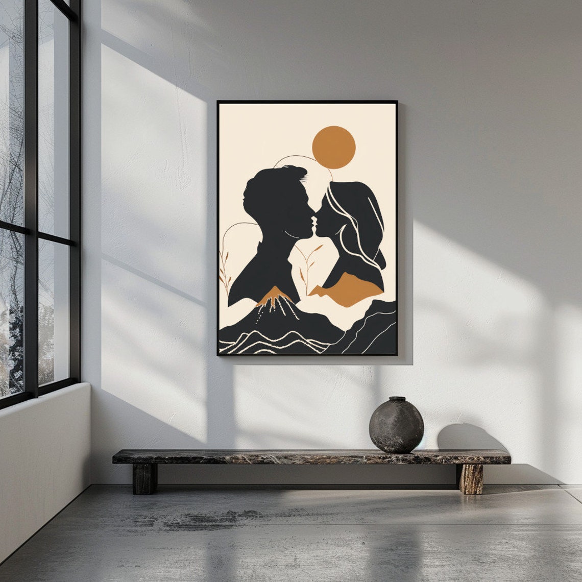 Romantic Couple Silhouette Sunset Mountain Abstract Wall Art - Image 2