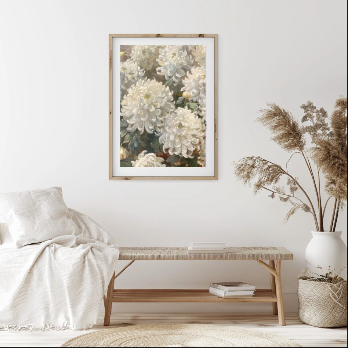 White Chrysanthemum Oil Painting Soft Cream Floral Blossom Wall Art - Image 2