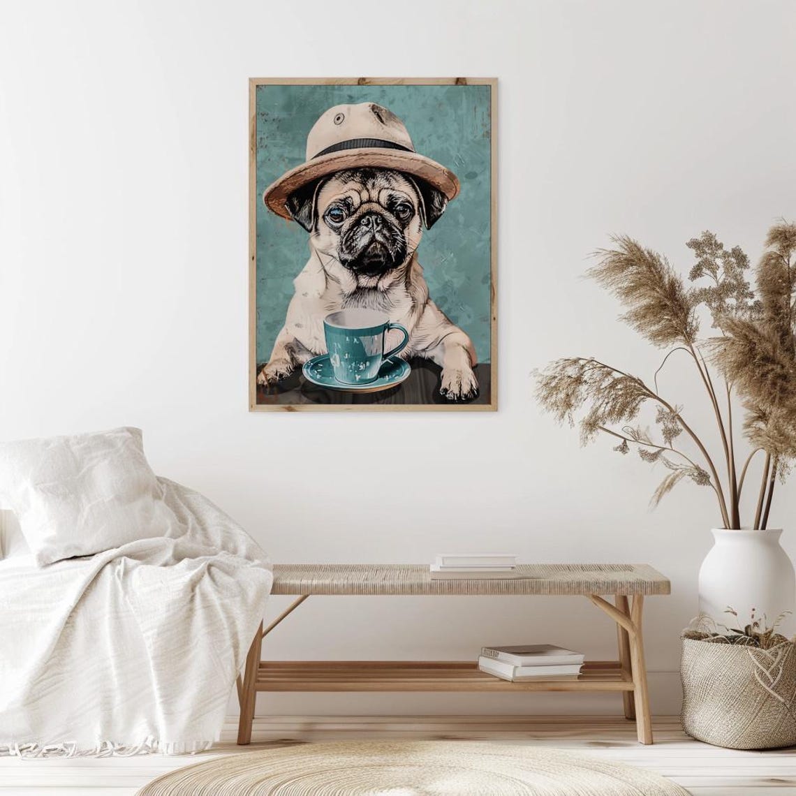 Moody Pug Dog With Hat Blue Cup Print Vintage Neutral And Blue Tones Animal With Hat Painting Gift Dog Decor Wall Art Nursery Decor - Image 2