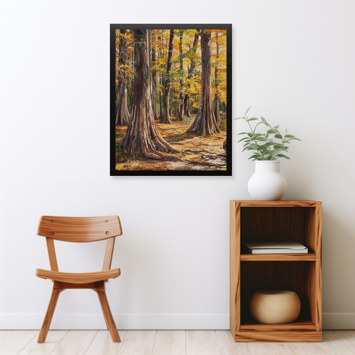 Towering Golden Cypress Trunks Autumn Forest Sunlight Painting Poster - Image 2