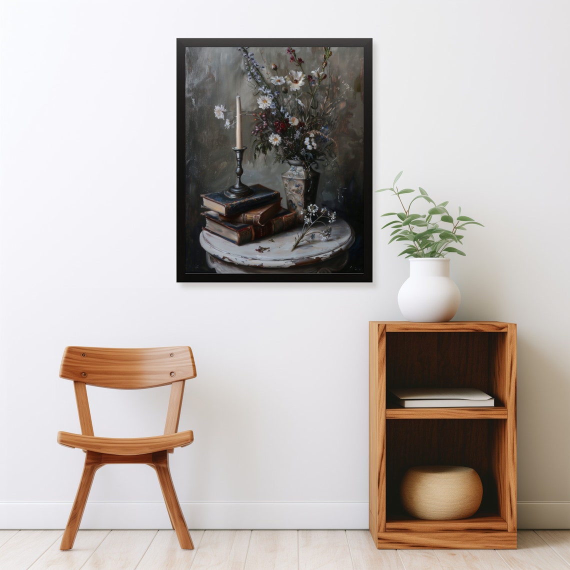 Dark Academia Books Candle Wildflowers Vase Vintage Still Life Poster - Image 2