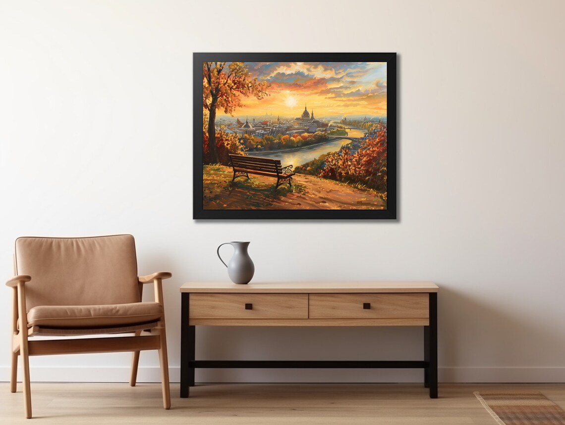 Autumn City Sunset Painting Wooden Park Bench European Skyline Poster - Image 2