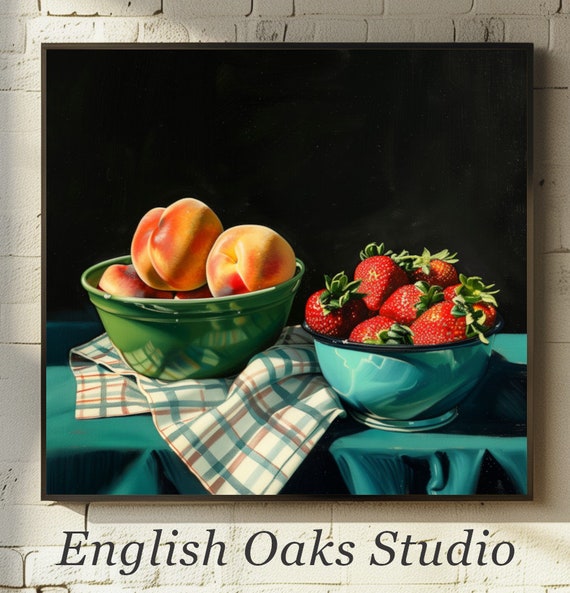 Vintage Farmhouse Strawberries In Blue Bowl And Peaches In Green Bowl On Kitchen Still Life Painting Moody Dark Fruits Food Art Print