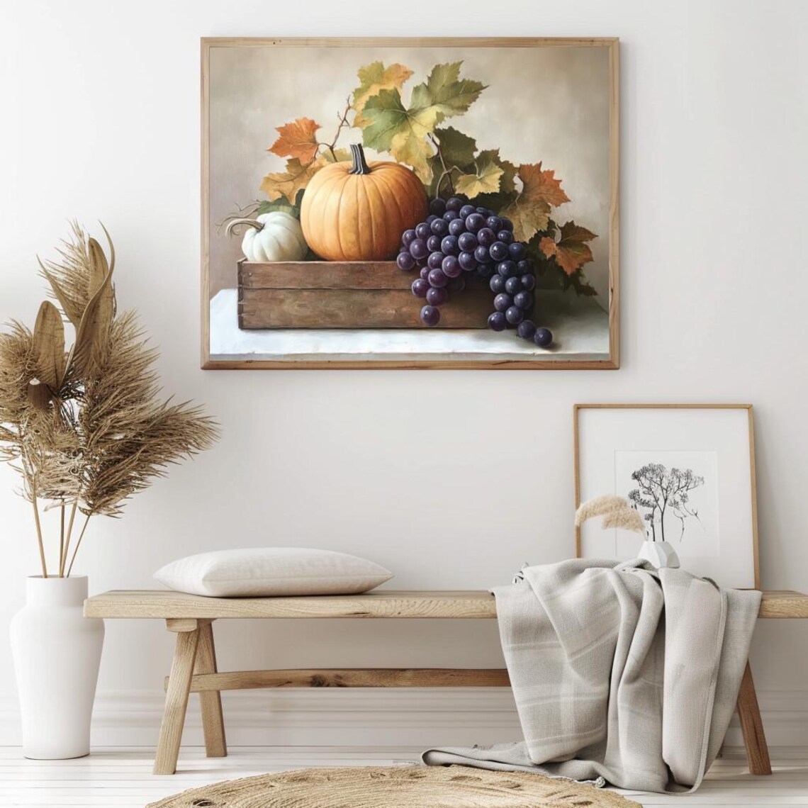 Pumpkins and Purple Grapes in Wooden Box Vintage Autumn Still Life Poster - Image 2