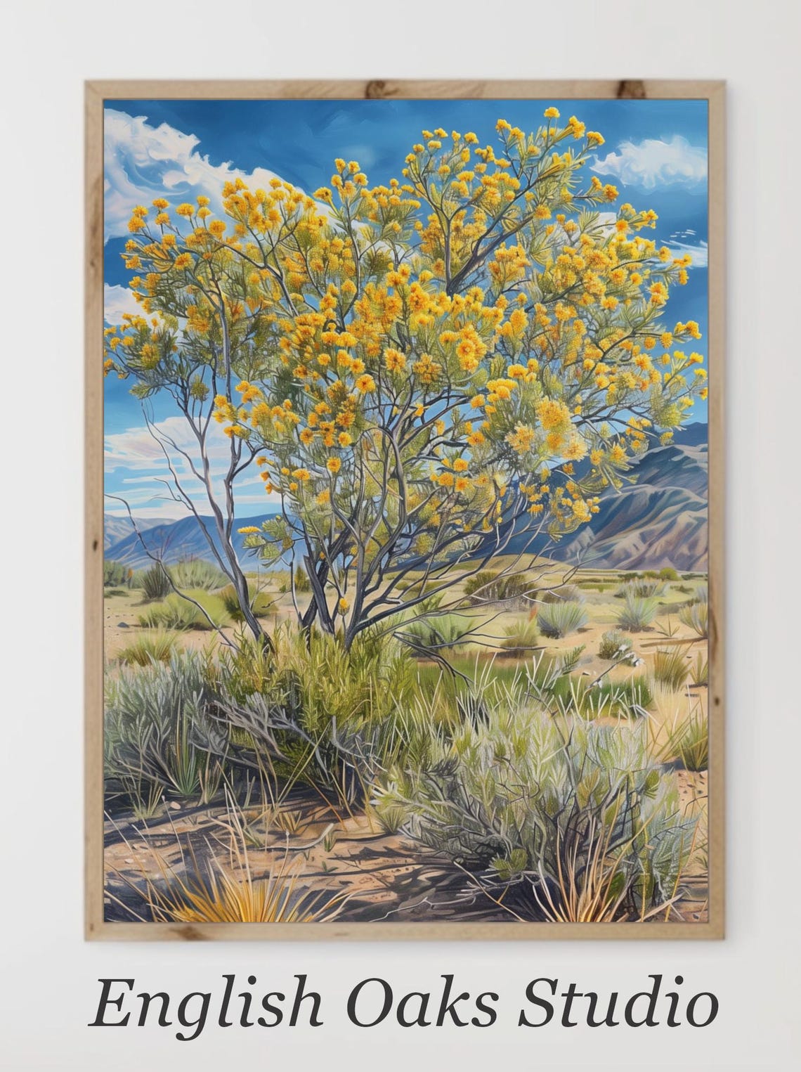 Yellow Blooming Desert Tree with Distant Mountain Valley Poster