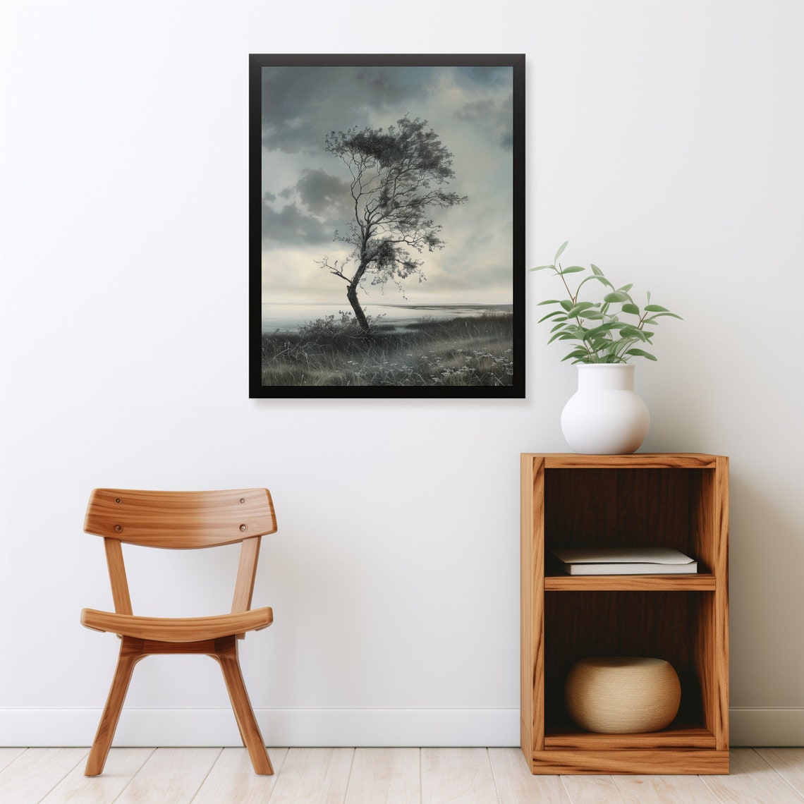 Lone Windswept Tree Misty Shoreline Moody Minimalist Landscape Poster - Image 2