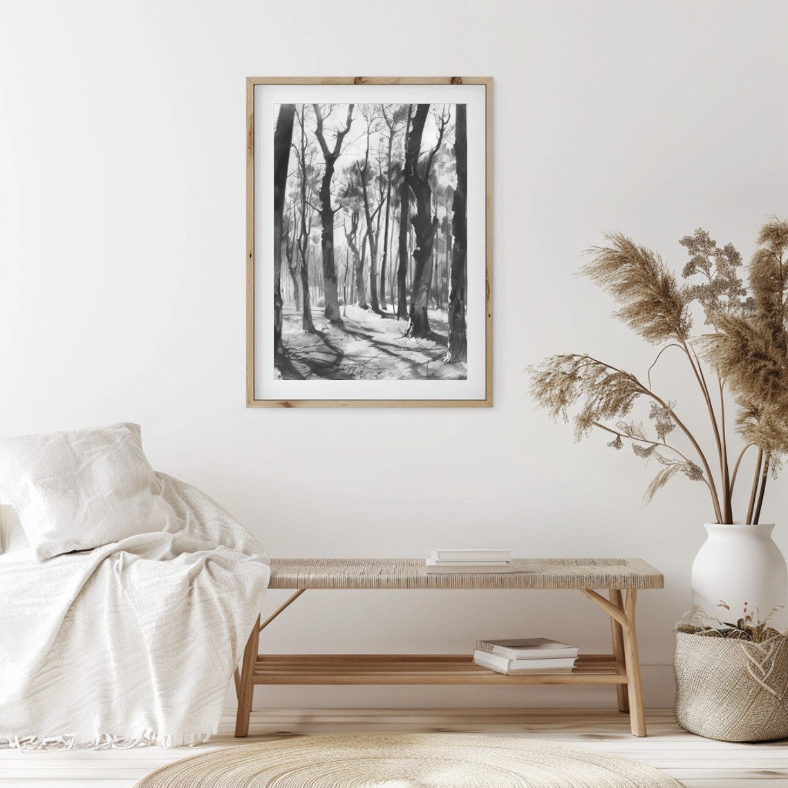 Rustic Neutral Forest Landscape Sketch Wall Art Vintage Landscape Drawing Wall Art 01 - Image 2