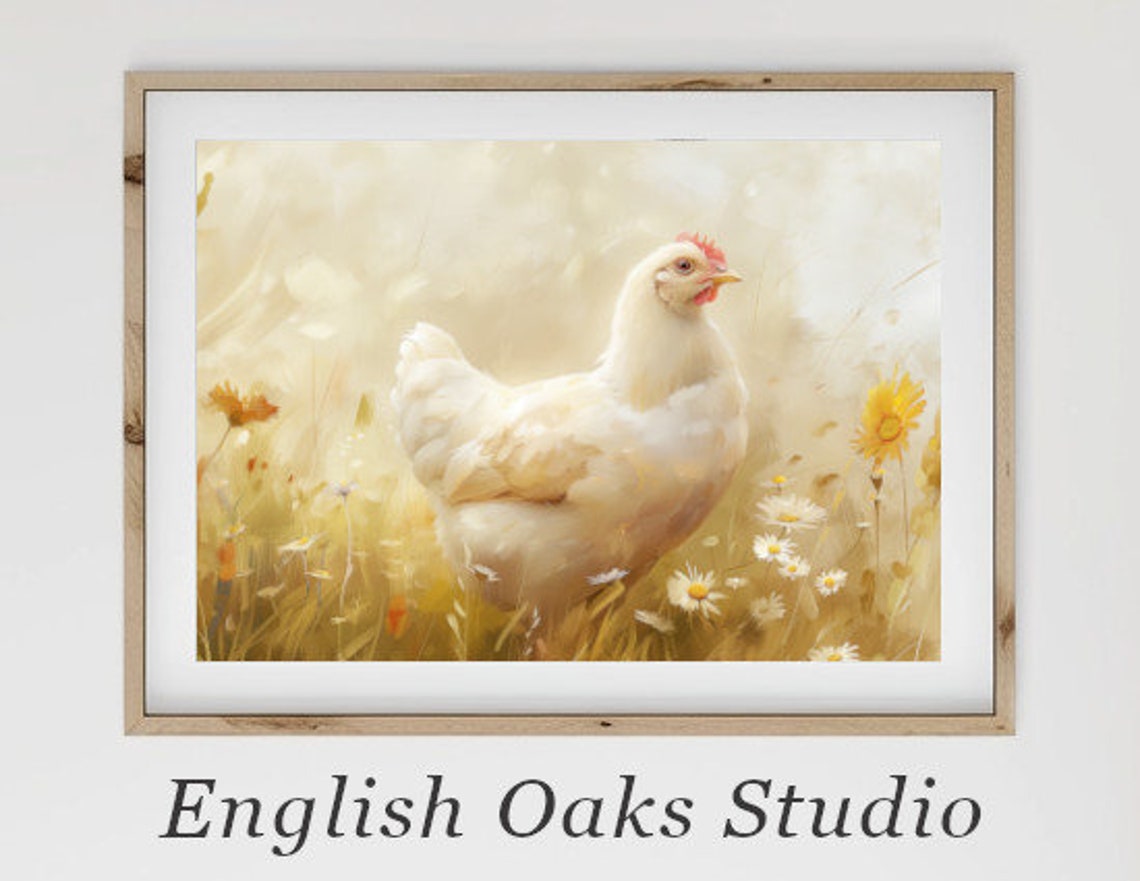 White Chicken in a Golden Wildflower Field Rustic Farm Wall Art