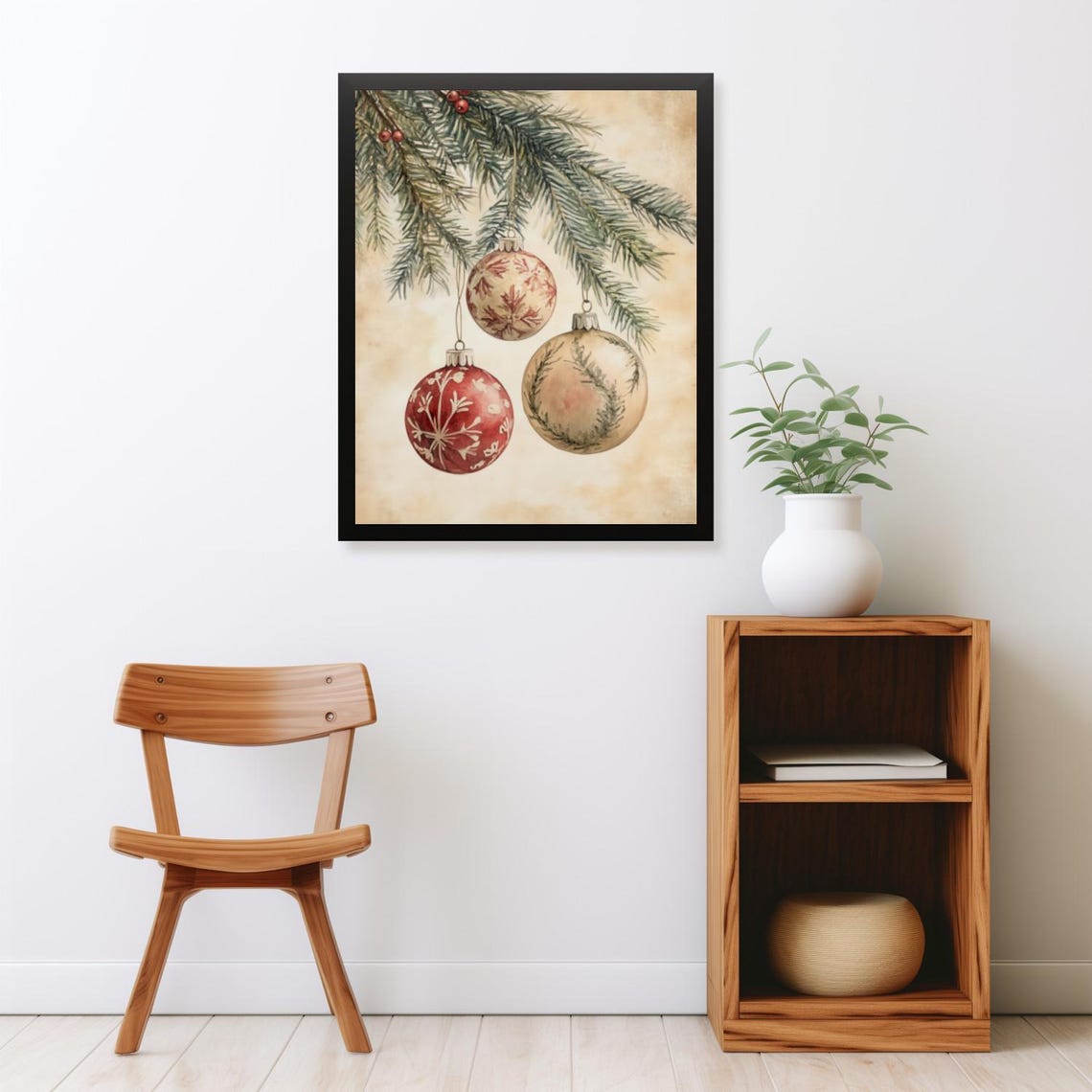 Red and Cream Christmas Ornaments Hanging from Pine Branch Poster - Image 2