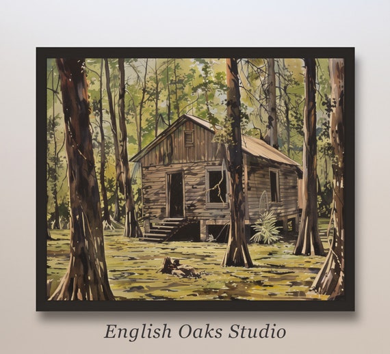 Vintage Muted Louisiana Cabin Swamp Painting Neutral Southern Bayou Cypress Print 02