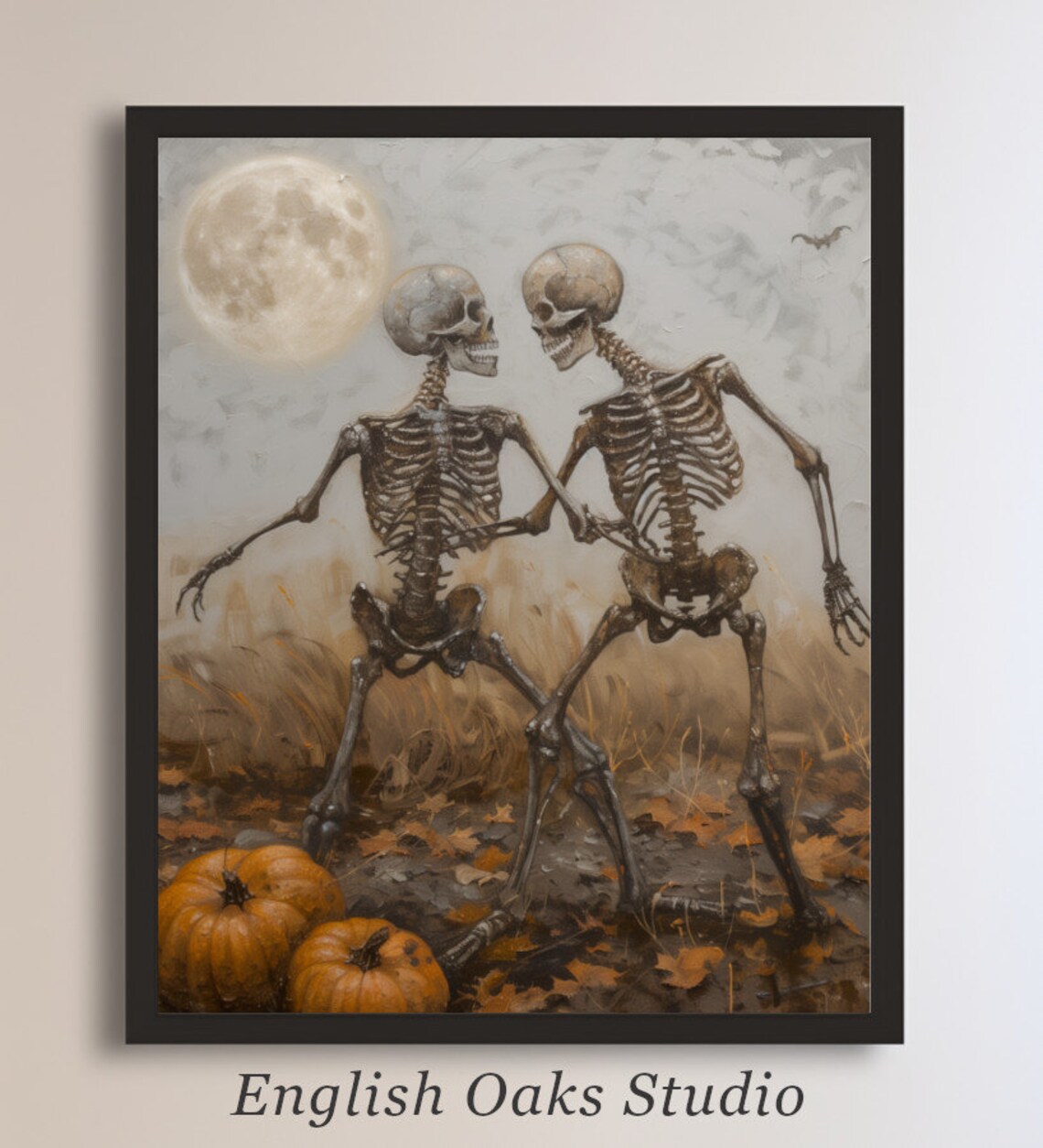 Dancing Skeletons Moonlight Pumpkins Autumn Leaves Vintage Halloween Poster
