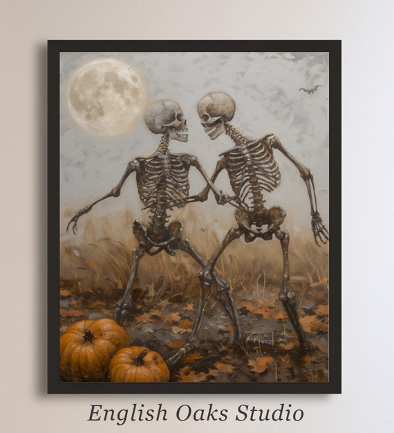 Rustic Spooky Dancing Skeletons Halloween Print Vintage Skeletons Pumpkin Field Art Moody Vintage Halloween Dark Academia Decor Painting