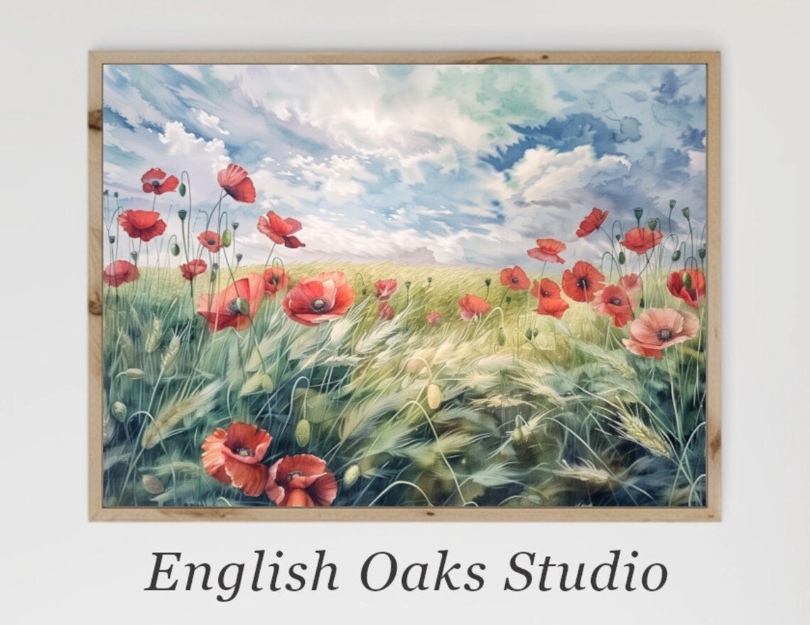 Red Poppies in Green Wheat Field Watercolor Cloudy Sky Poster