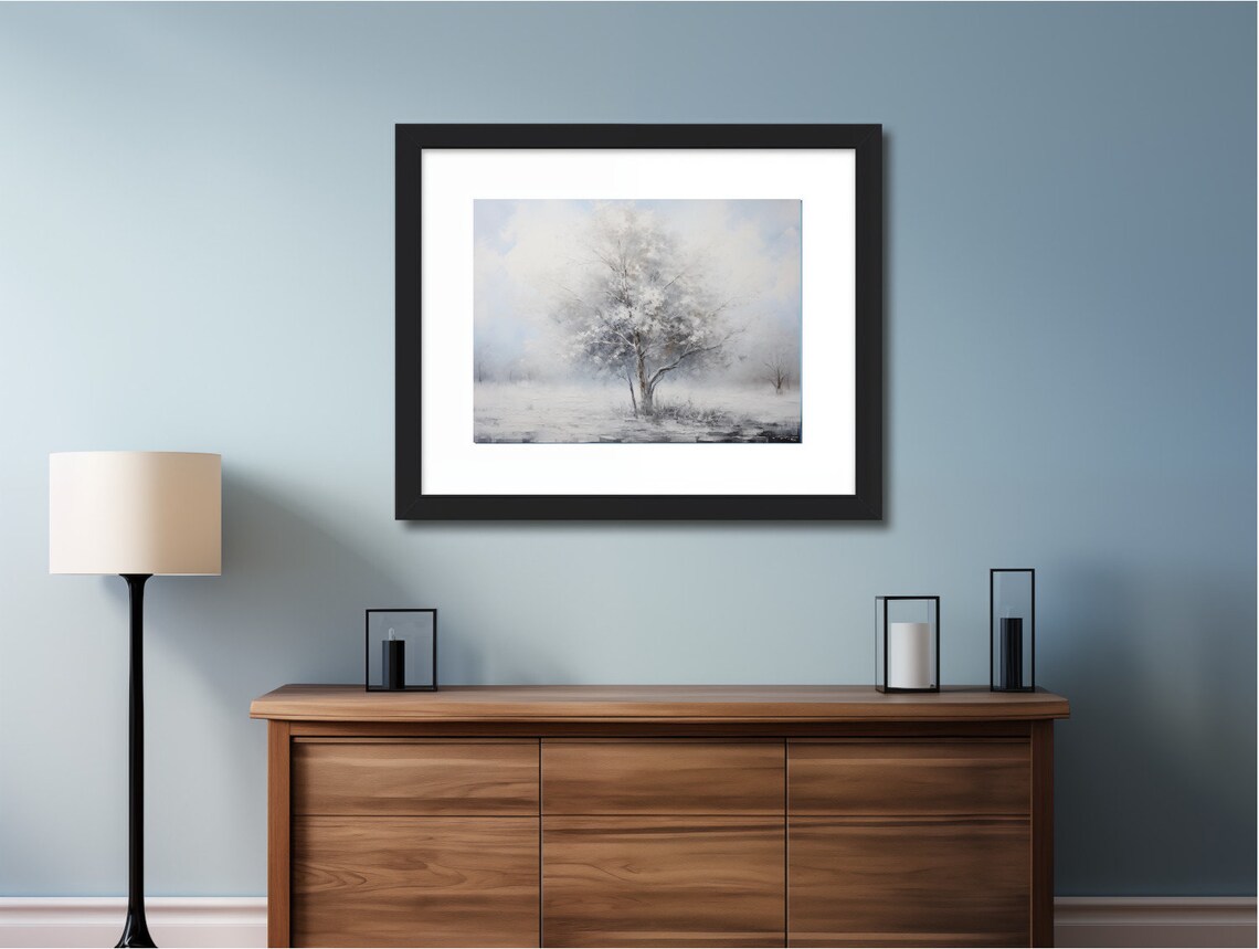 Misty Frosted Tree in White Snowy Field Minimalist Winter Art Print - Image 2