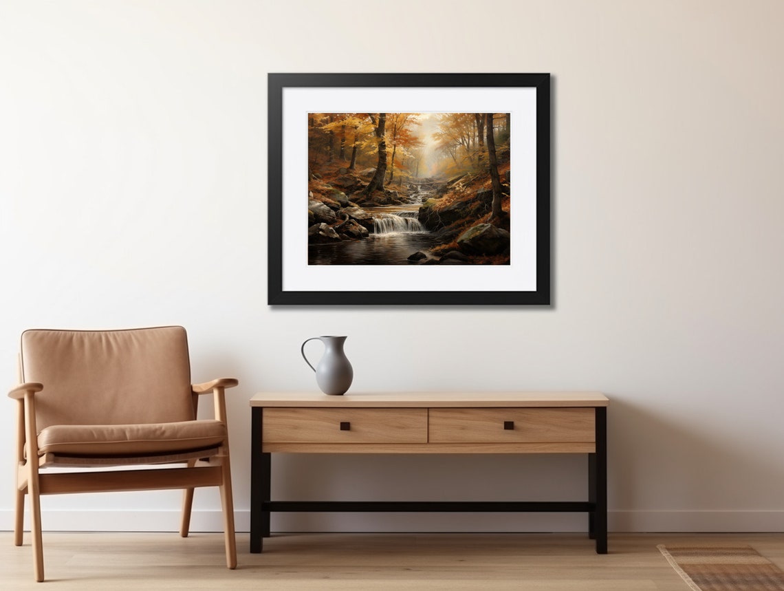 Fall River Waterfall in Golden Forest Vintage Oil Painting Poster - Image 2