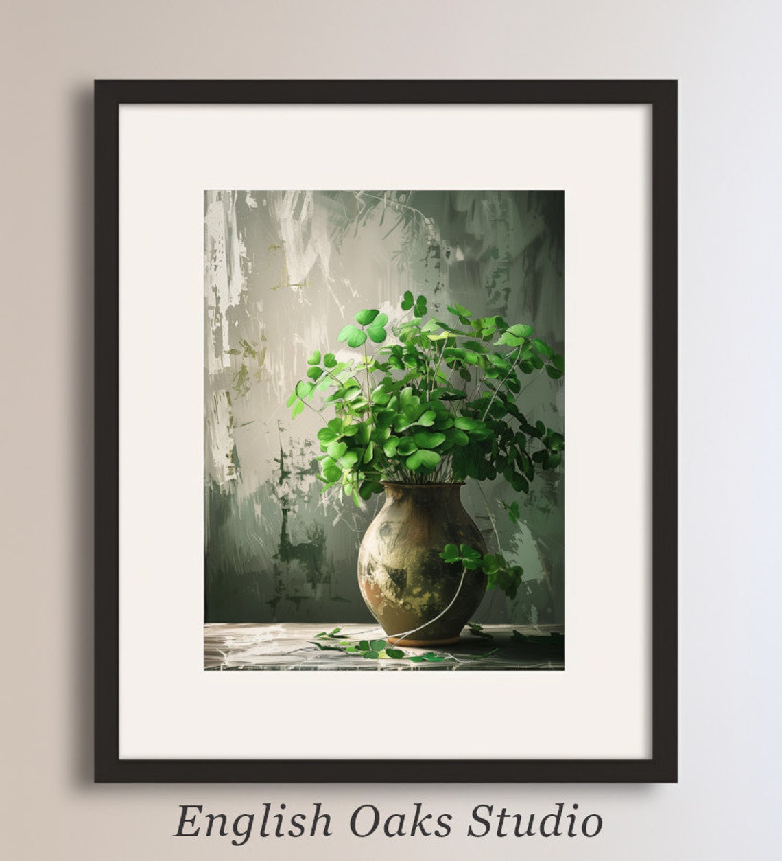 Shamrock Plant in Rustic Vase St Patricks Day Green Botanical Wall Art