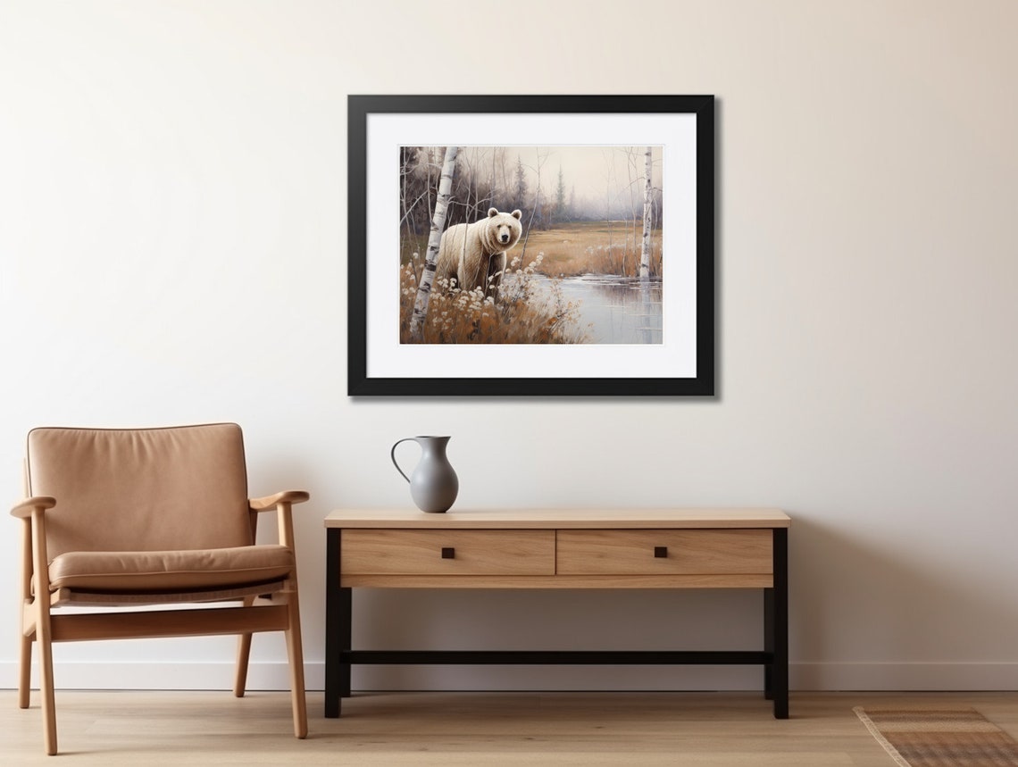 Cream Bear Standing by Autumn River Among Birch Trees Wildlife Poster - Image 2