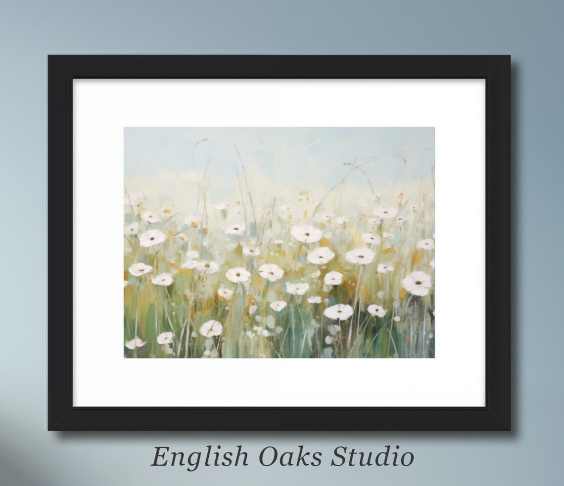 White Wildflower Field Under Pale Blue Sky Floral Oil Painting Poster