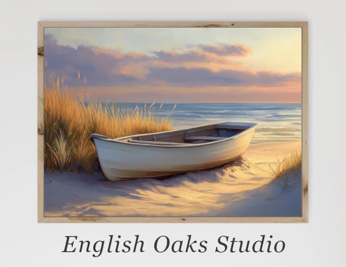 Wooden Rowboat On Sandy Beach At Sunset Coastal Seascape Painting Poster