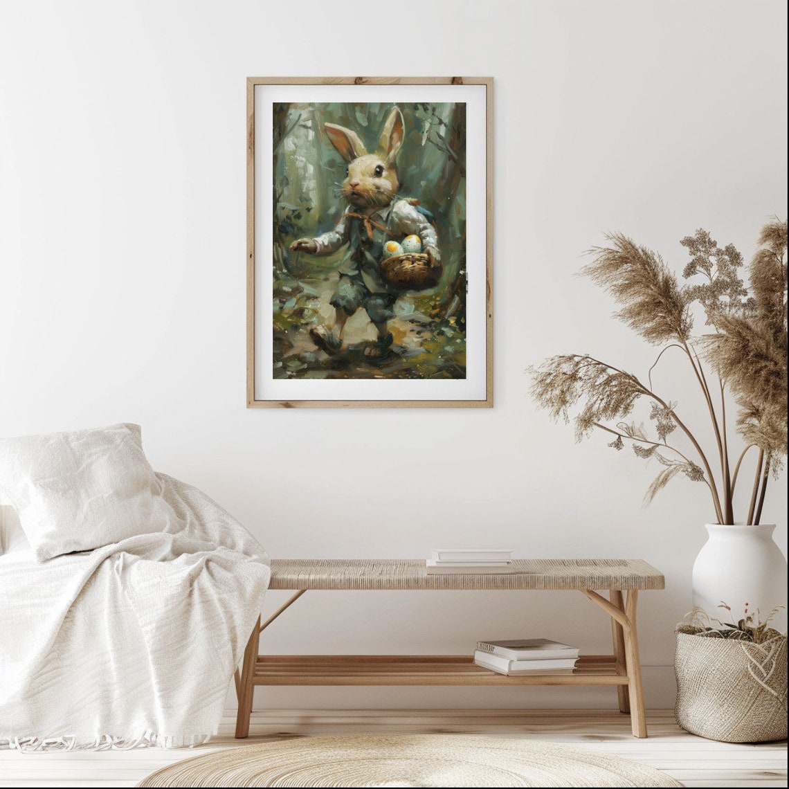 Easter Bunny Carrying Egg Basket Through Forest Vintage Style Poster - Image 2