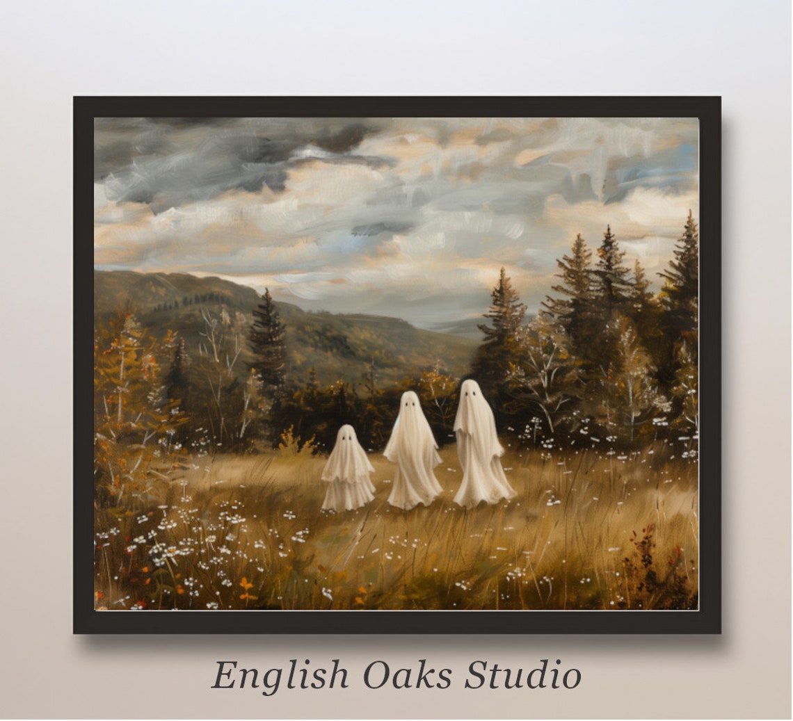 Halloween Cute Ghosts Meadow Decor Moody Halloween Painting Vintage Ghost Spooky Wall Art Print