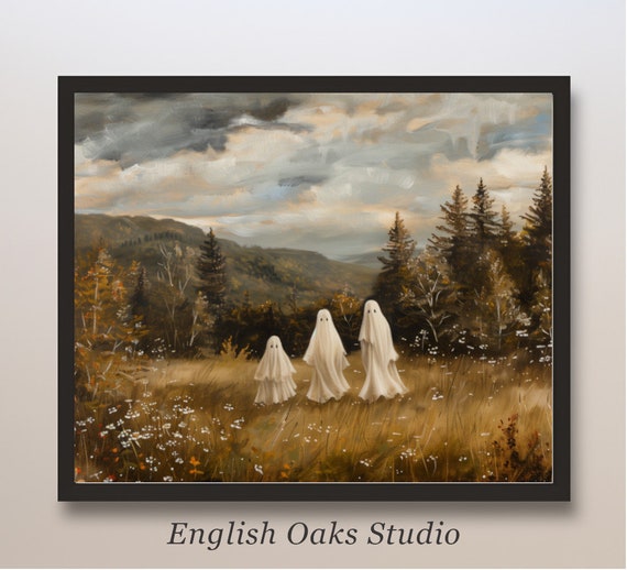 Halloween Cute Ghosts Meadow Decor Moody Halloween Painting Vintage Ghost Spooky Wall Art Print