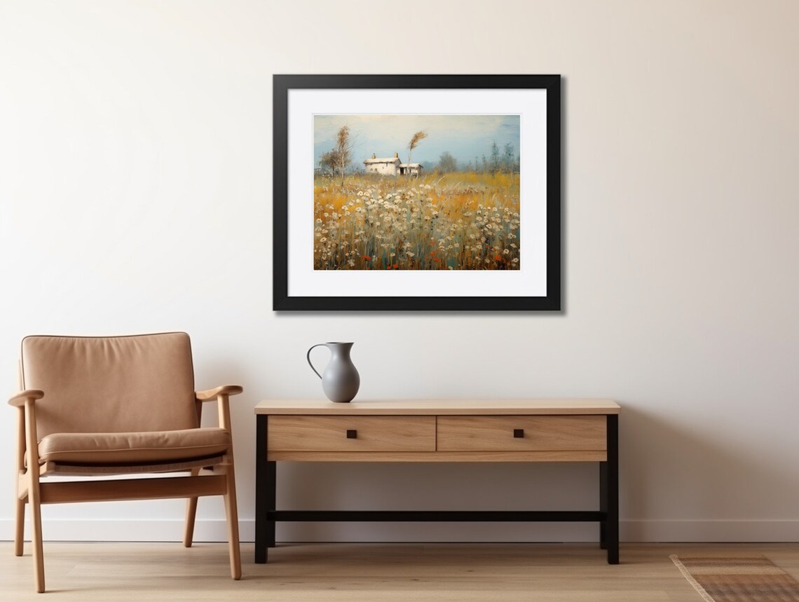 White Farmhouse in Golden Wildflower Field With Poppies Poster - Image 2