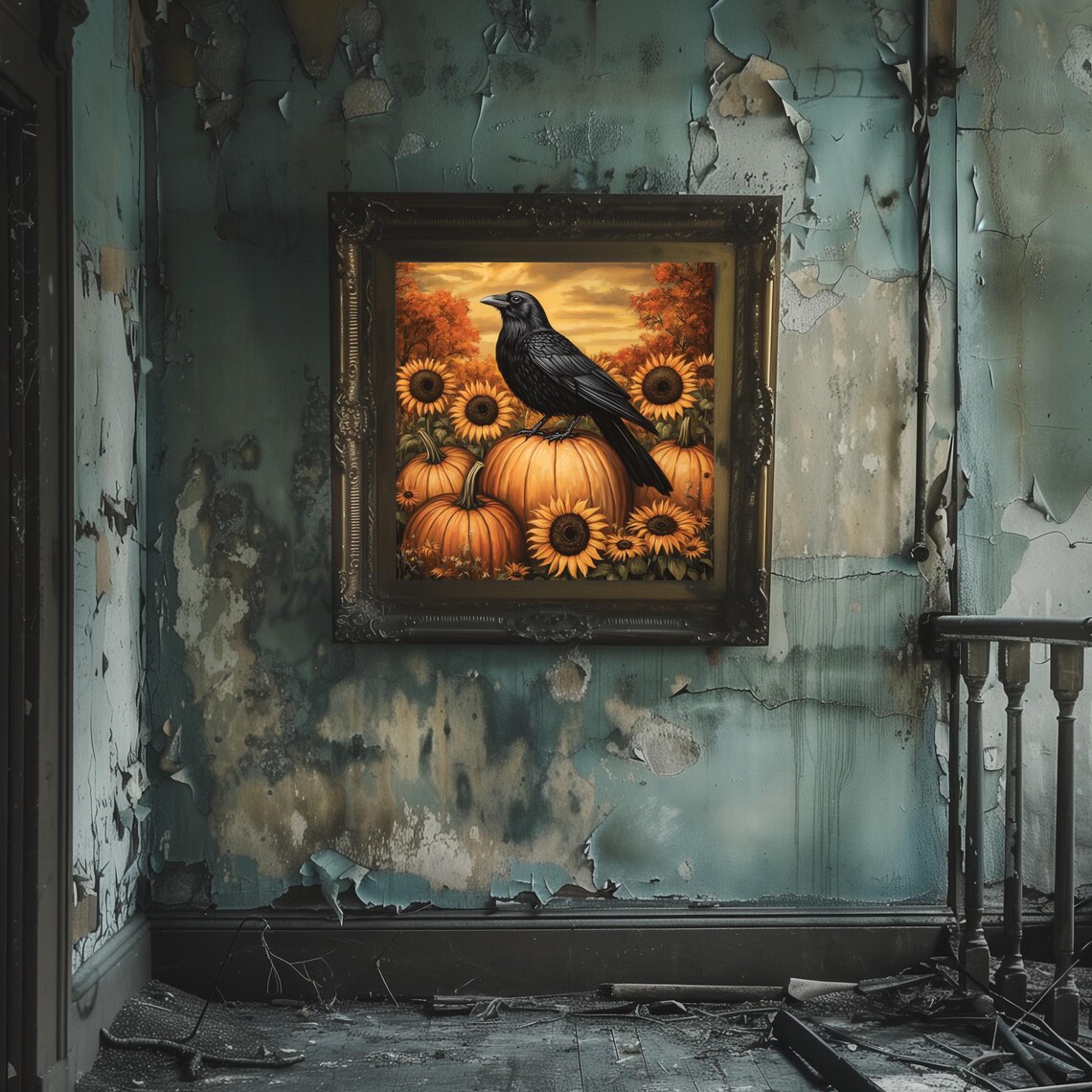 Black Crow on Pumpkin Among Sunflowers Autumn Sunset Vintage Style Poster - Image 2