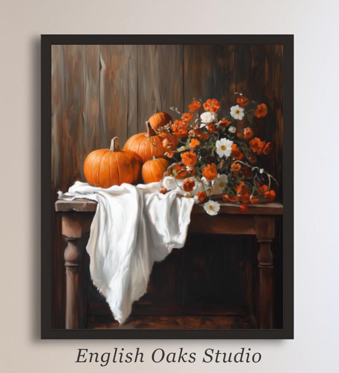Orange Pumpkins With Wildflowers On Rustic Wooden Table Poster