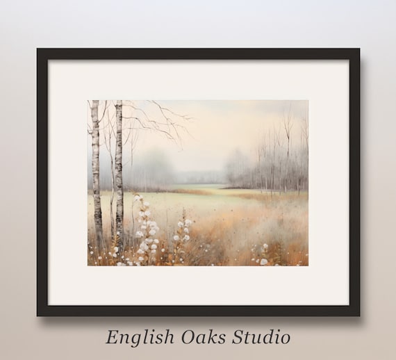 Bare Birch Trunks at Edge of Misty Autumn Field Wildflower Poster