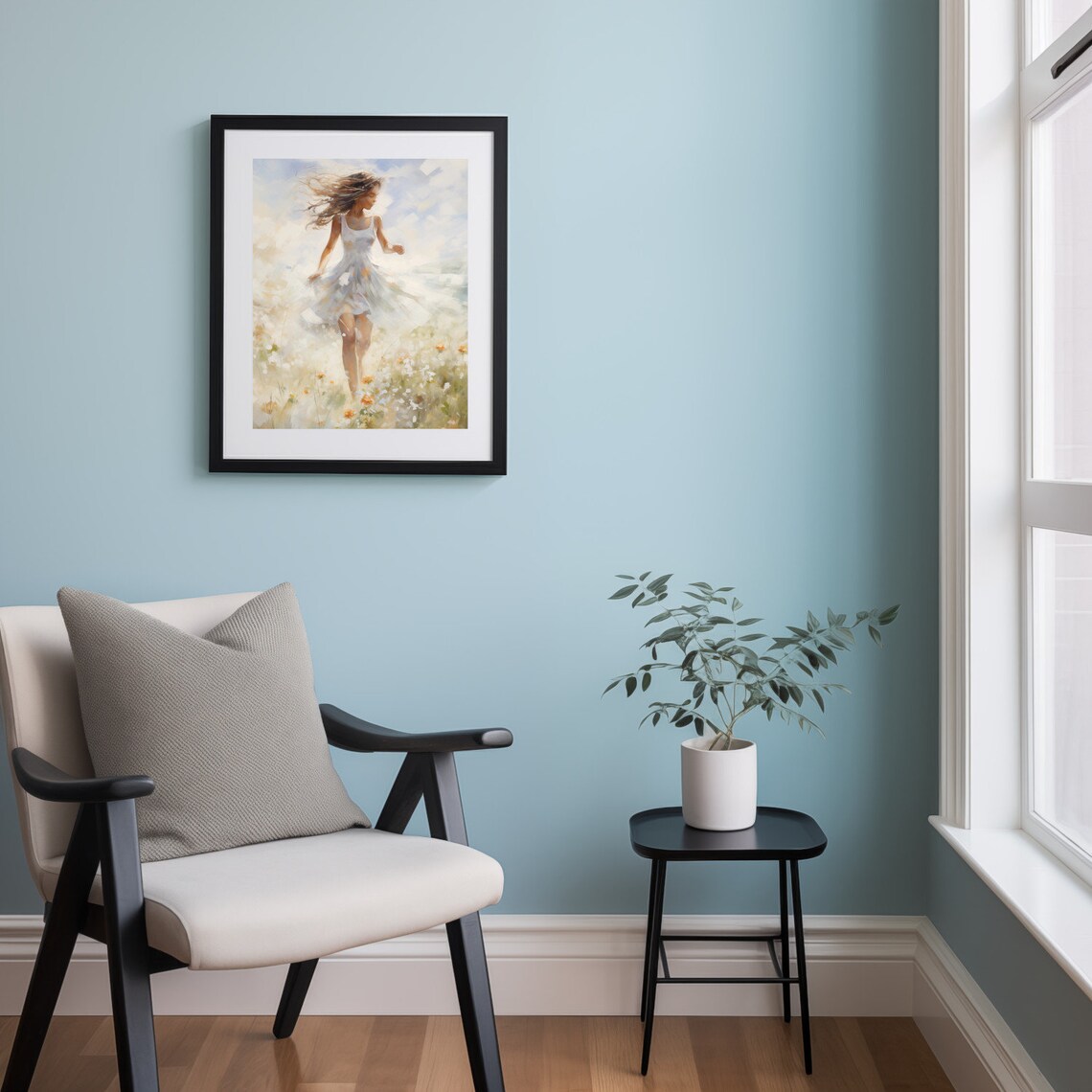 Young Woman Running Through Sunlit Wildflower Field Art Poster - Image 2