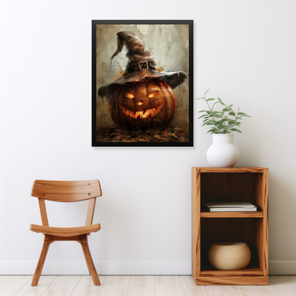 Vintage Scary Pumpkin Witch Hat Halloween Art Print - Image 2